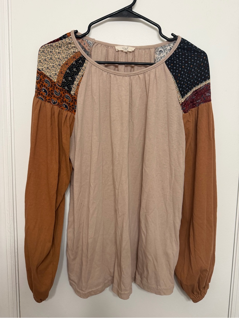 Boutique Boho Patchwork Long-Sleeve Peasant Top - Beige & Rust
